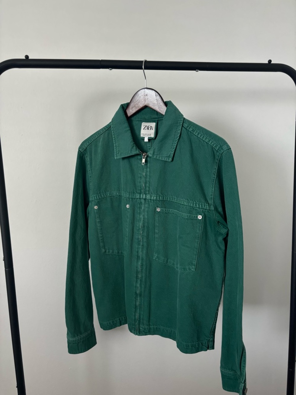 Zara Green Cropped Fit Zip-Front Denim Jacket